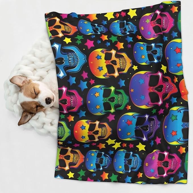 Double Sided Pet Mat for Dog Bed Topper Cat Blanket Furniture Protector, Colorful Stars Neon Skulls, Reversible Plush with Tactile Dot Pattern for Style Change
