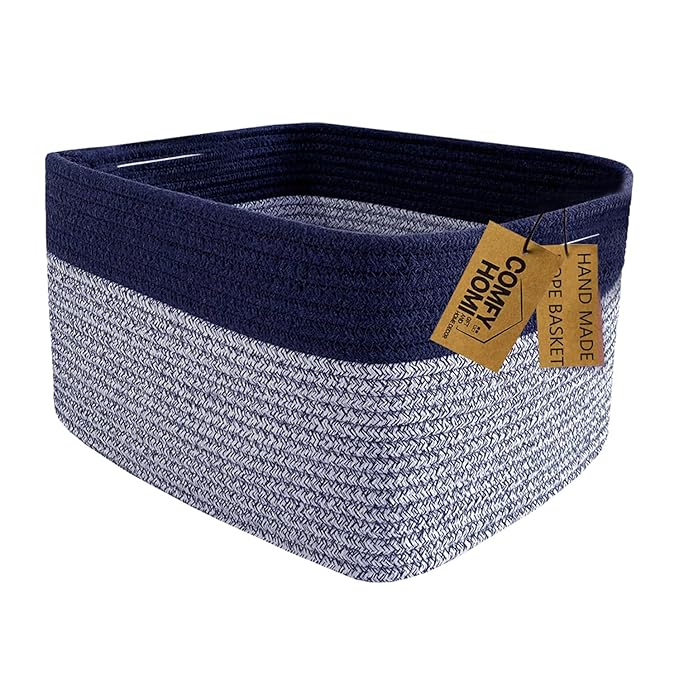 COMFY-HOMI Rectangular Cotton Rope Basket With Handles for Shelves|Dog Toy|Baby Gift - Dark Blue (13.5" x 11" x 9.5")