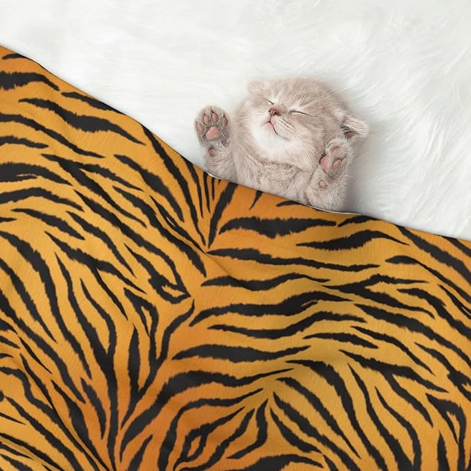 Reversible Dog Blanket for Beds Couches, Animal Print Tiger Black Gold, Double Sided Cat Blanket with Textured Dot Feel and Smooth Feel for Seasonal Comfort All Year