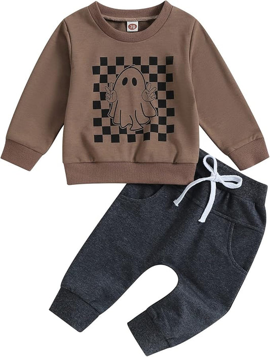 0-4T Toddler Boy Girl Halloween Outfit Fall Clothes Ghost Long Sleeve Sweatshirt Top Pants Baby Halloween Clothes