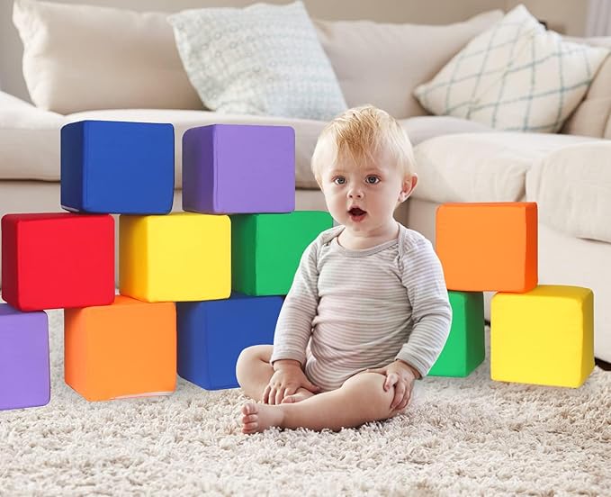 Foam Blocks for Toddlers 1-3, 12 PCS 5.5 inch Foam Soft Cubes for Kids, Colourful Building Blocks, Stacking Block Sets, Throwing Toys