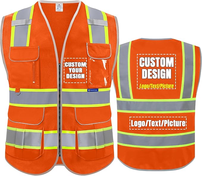 BeautyWill Custom Logo Safety Vest 8 Pockets Class2 ANSI Certified High Visibility Reflective Vest for Men - Personalized Logo Heavy-Duty Work Vest（Orange，4XL）