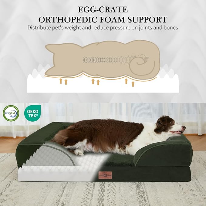 Comfort Expression Orthopedic Dog Bed for Large Dogs 36x27 Inch, Waterproof Egg Crate Foam Large Pet Bed with Removable Bolsters, Dog Couch with Washable Cover & Non-Slip Bottom, Olive Green