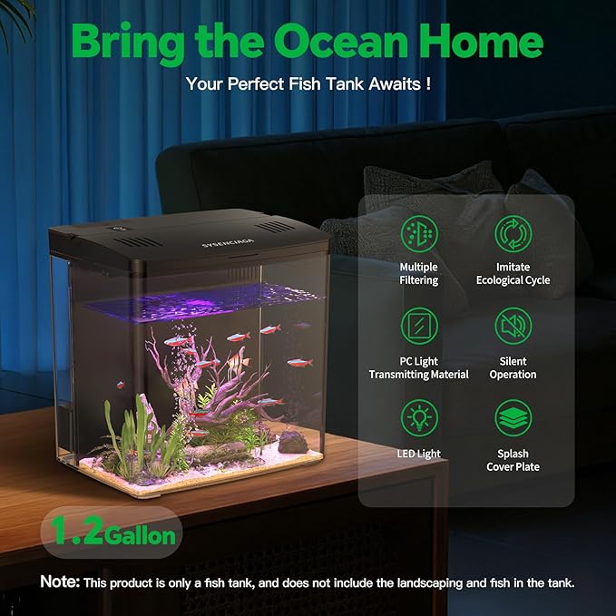 Fish Tank, 1.2 Gallons Betta Fish Tanks, Smart Aquarium Fish tank, Self Cleaning Filter System with 5 Color Led Light, Auto-Looping& Quiet Pump,Fish Aquariums for Betta Shrimp Guppy Jellyfish Goldfish