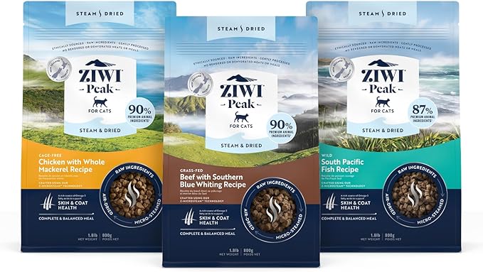 ZIWI Peak Steam & Dried Cat Food Bundle – High Protein, Skin and Coat Health, Low Carb, for All Lifestages (1.8lb bags of Beef, Chicken and South Pacific Fish recipes)