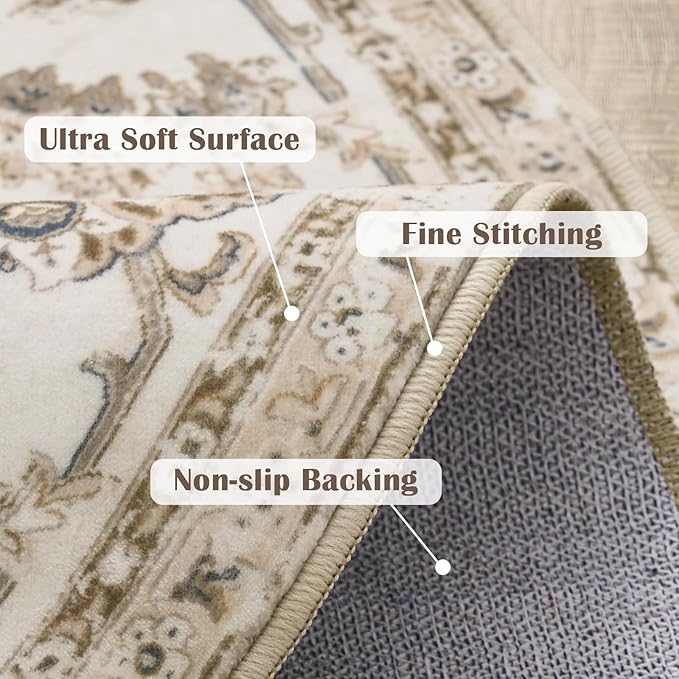 jinchan Round Rug 6ft Area Rug - Taupe Vintage Floor Mat Kitchen Indoor Ultra-Thin Soft Floral Print - Washable Circle 6' Retro Accent for Farmhouse Non Slip Dining Room Living Room Bedroom Office