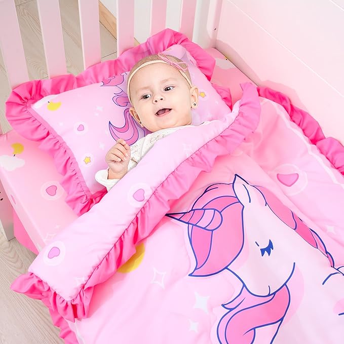 UOMNY Crib Bedding Set for Girls 4 Piece Unicorn Baby Girl Crib Bedding Sets with Baby Comforter Crib Sheet Crib Skirt Pillowcase Nursery Bedding Set