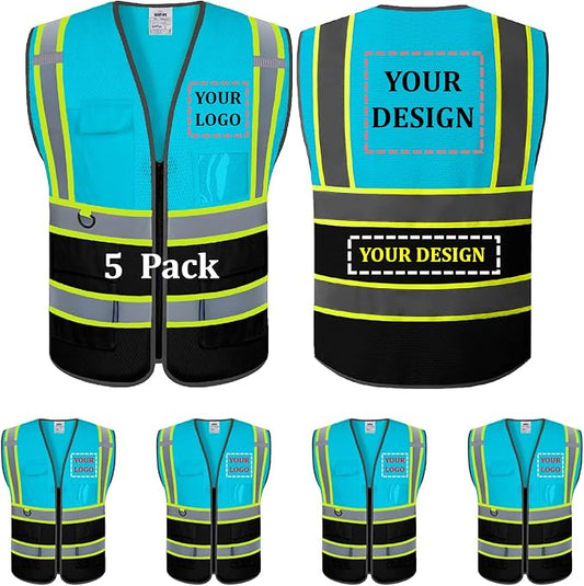 5 Pack Custom Safety Vest Customized Logo Mesh Vest Class 2 High Visibility Reflective Vest with Pockets Workwear（LightBlue Black，XXL ）