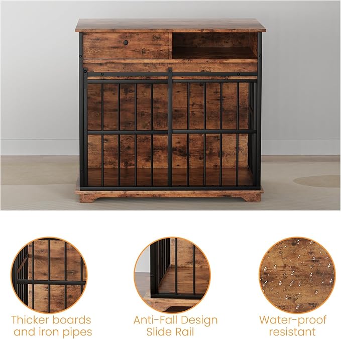 35.4" Dog Crate Furniture, Dog Kennel Indoor with Wheels for Medium Small Dogs, Wooden Dog Crate End Table with Drawer, Open Shelves and Sliding Door, Dog Kennel Furniture for Living Room, Bedroom