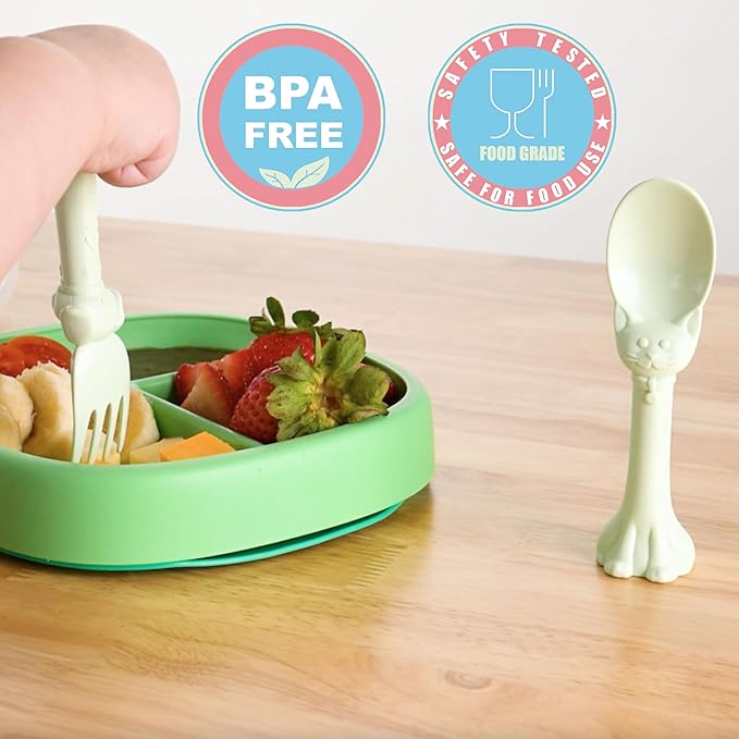 Made in USA Spoon la la Toddler Utensils Set (2 Pack) & Board Book - Spoon & Fork for Kids, Self-Standing 3D Ergonomic Cat & Dog Handles, BPA-free, Dishwasher Safe Baby Silverware (Mint Green)