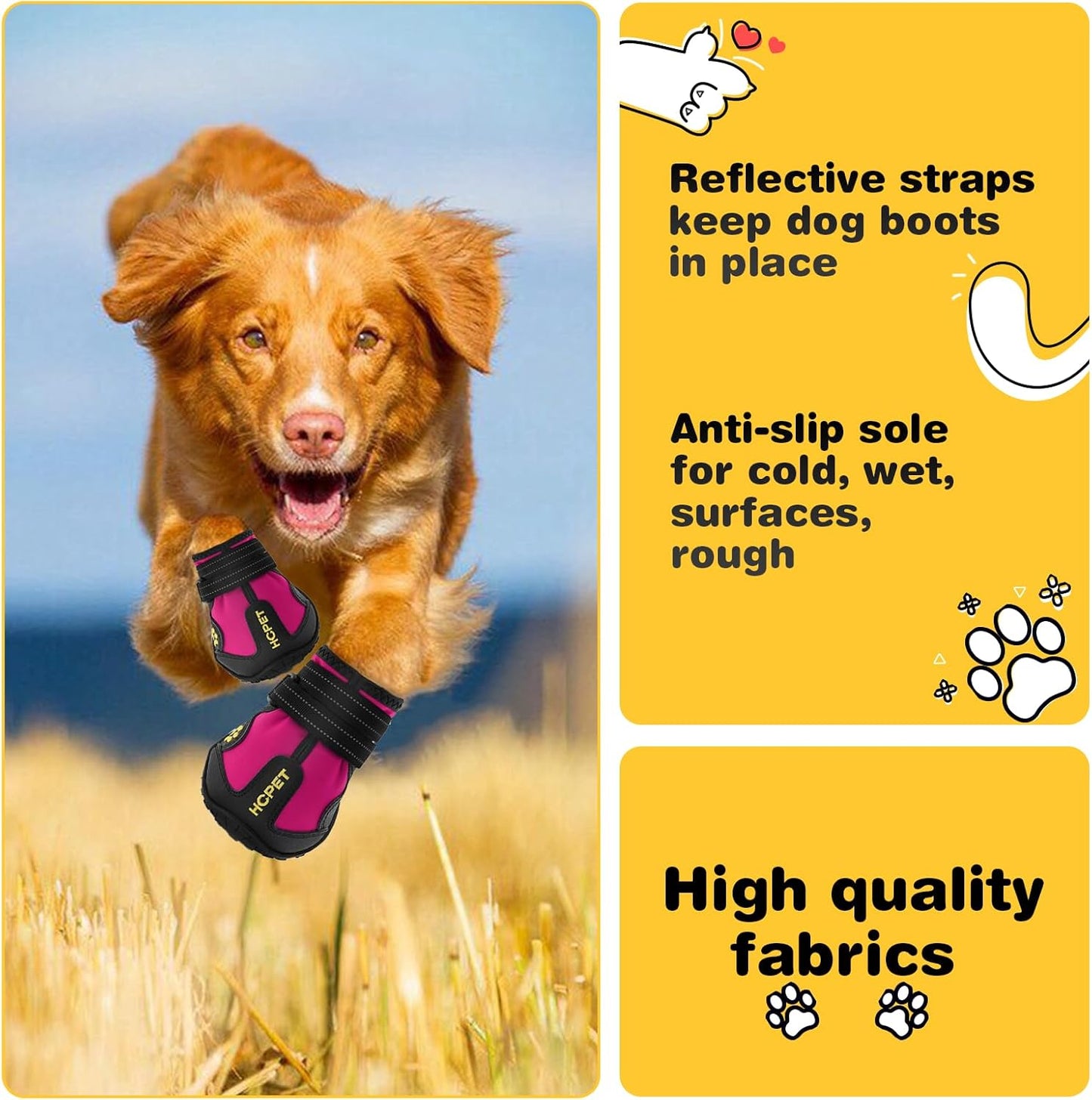 Hcpet Dog Shoes, Dog Boots for Small Dogs, Waterproof Medium Dog Booties Paw Protector for Summer Hot Pavement, Winter Snowy Day, Outdoor Walking, Indoor Hardfloors Anti Slip Sole Pink Size 4