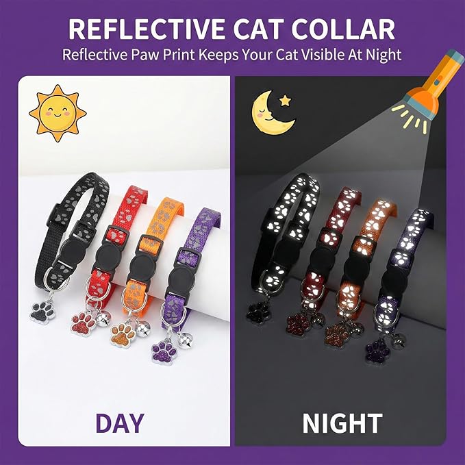 10Pcs Breakaway Cat Collars with Bell Paw Print Cute Adjustable Kitten Collars with Pendant Glow in The Dark