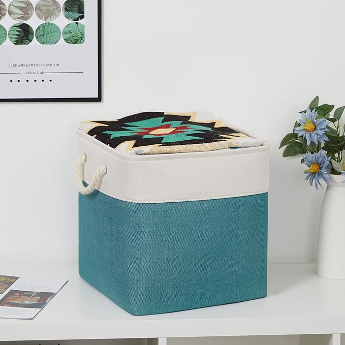 Bidtakay Fabric Baskets for Closets Shelves Lined Set of 3 Large Square Collapsible Storage Bins for Organizing 13 X 13 Cube Storage Bins for Pantry Organization Storage(Teal Blue)