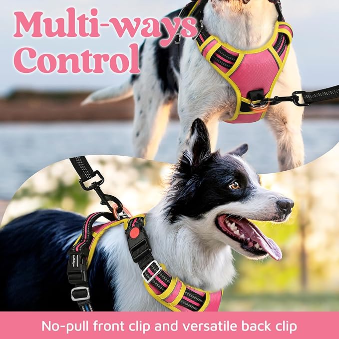 rabbitgoo Dog Harness Medium Sized, No Pull Dog Vest with 3 Buckles, Adjustable Soft Padded Pet Harness with Easy Control Handle and Reflective Strips, Pink & Yellow, M