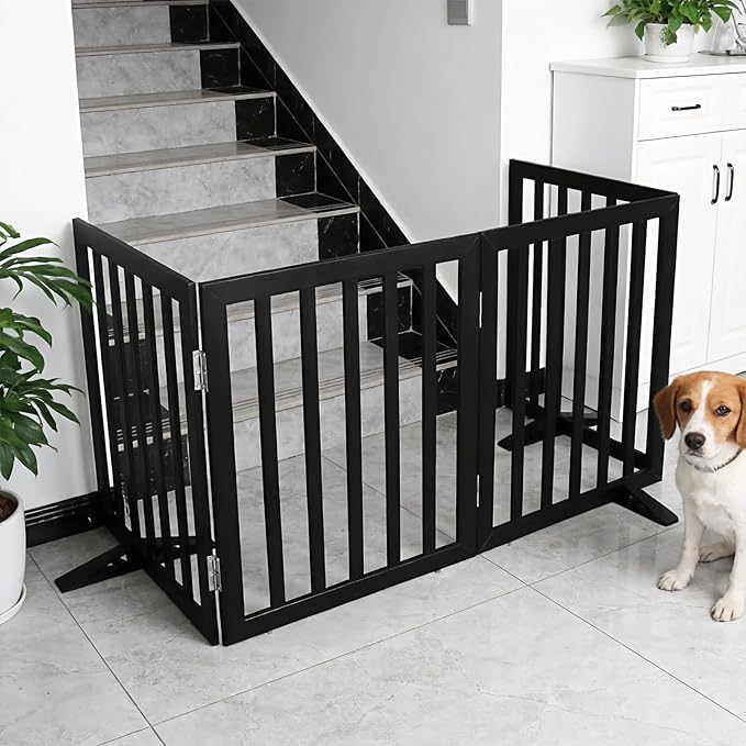 Dog Gate Indoor, Freestanding Dog Fence for The House, Doorways, Hallways,or Stairs,Pet Gate Foldable Wooden,Expandable 32" Height 3 Panels,Black