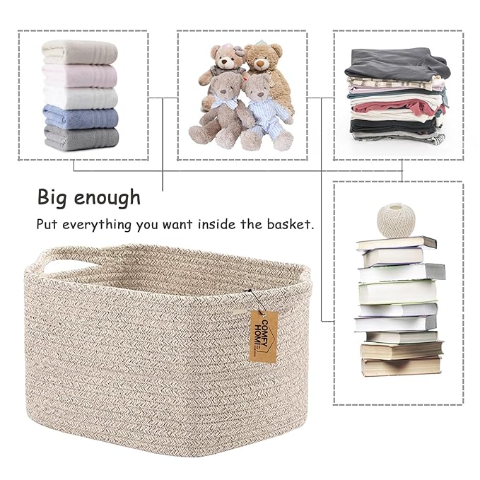 COMFY-HOMI Storage Basket for Shelves, Woven Baskets for Storage, Cotton Rope Basket for Toys,Towel Baskets, Toy Storage Organizer, Storage Cube Bin, Organization and Storage-All Brown