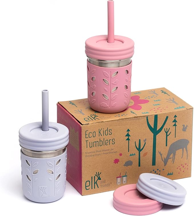 Elk and Friends 10oz Stainless Steel Kids + Toddler Drinking Cups | The Original Mason Jars with Lids + Sleeves + Straws | Smoothie Cups | Spill Resistant | Dishwasher Safe | 2 Pack