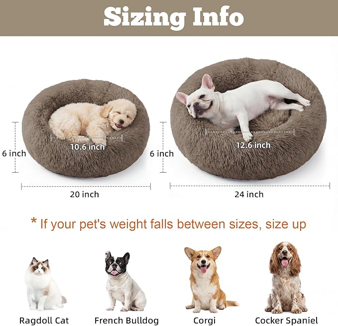 Calming Dog Bed, 24" x 24" x 6" Fits Cat & Dog, Anti-Slip Round Washable Faux Fur for Doze Off, Napping Orthopedic, Khaki