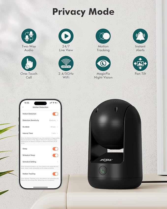 Dzees 2K Indoor Security Camera, 360 Degree WiFi Pet Camera with Phone App, 5G and 2.4G, Wired Home Camera with 2-Way Audio, Motion Tracking, Night Vision, Black, 1 Pack