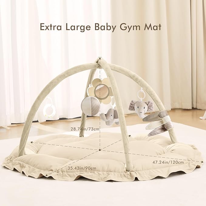 ANGELBLISS 5 in 1 Baby Play Gym Mat, Reversible Tummy Time Mat with 5 Sensory Toys for Stage-Based Developmental, Thick & Large Baby Activity Center from Newborn to Toddler (Khaki)
