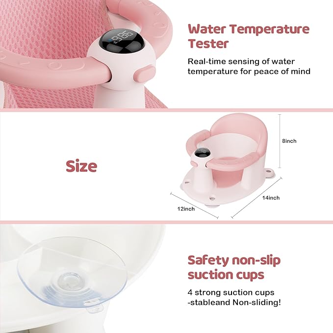 Baby Bath Seat-for Babies 6 Months & up, Water Temperature Display+Soft Cushion, Non-Slip Toddler Bath Seat for Baby, Sit Up Bath Seat for Baby, Pink