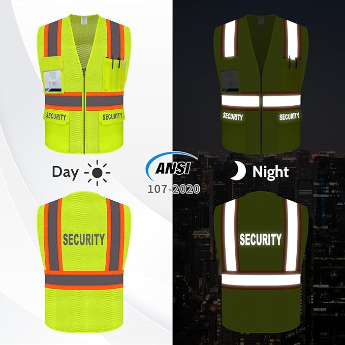 Security Vest for Men Women, Reflective Safety Vest with Pockets, Hi Vis Work Wear with Zipper, High Visibility Apparel, ANSI Compliant, Yellow, 5XL