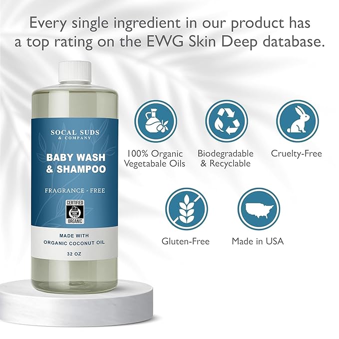 SoCal Suds & Company - 2-in-1 Organic Foaming Baby Wash Castile Soap & Shampoo Refill - Gentle Body Soap for Sensitive Gentle Bath -Nourishing Soothing Ingredients -Newborn Baby - Fragrance Free, 32oz