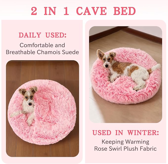 NOYAL Calming Dog Bed for Anxiety, Hooded Donut Cave with Blanket, Plush Fluffy Washable Pet Bed for Small Medium Dogs & Cats