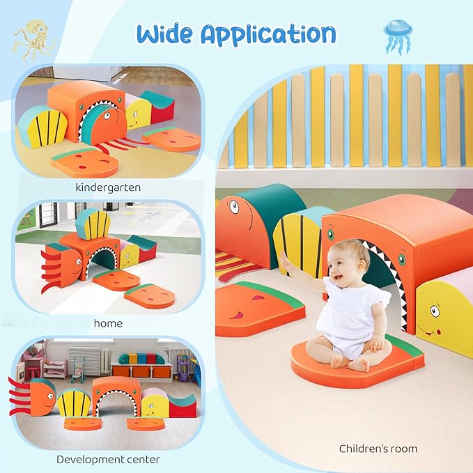 Lischwert Foam Climbing Blocks for Toddlers, Shark Theme Baby Climbing Blocks Soft Play Climbing for Toddlers with Foldable Block and Tunnel Indoor Climbing Toys for Toddler 1-3, 6 Pieces