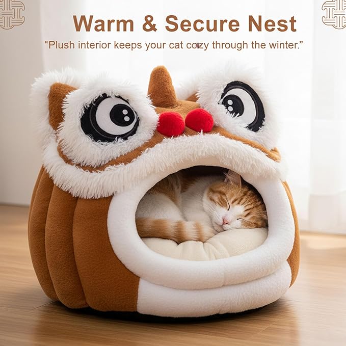 Cute Lion Head Pet Beds for Cats, Chinese Lion Dance Lion Cats Bed, Soft Cozy Plush Cat House & Dog Cave with Cushion for Small Medium Cats Dogs (Brown,L)