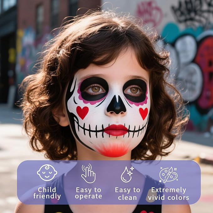 Face Painting Kit, Water Activated Face Paint Palette with Stencils, Brushes, Gems for Halloween Makeup, Parties, Carnival, School Event & Festivals (42 Colors)