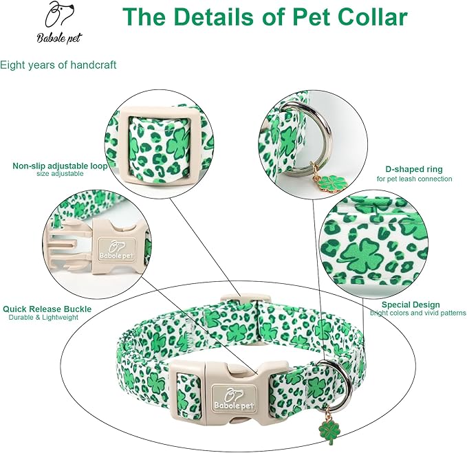 St Patricks Day Dog Collar for Small Dogs - Leopard Lucky Clover Dog Collars, Lightweight Adjustable Irish Green Festival Shamrock Dogs Collars with Quick Release Buckle S