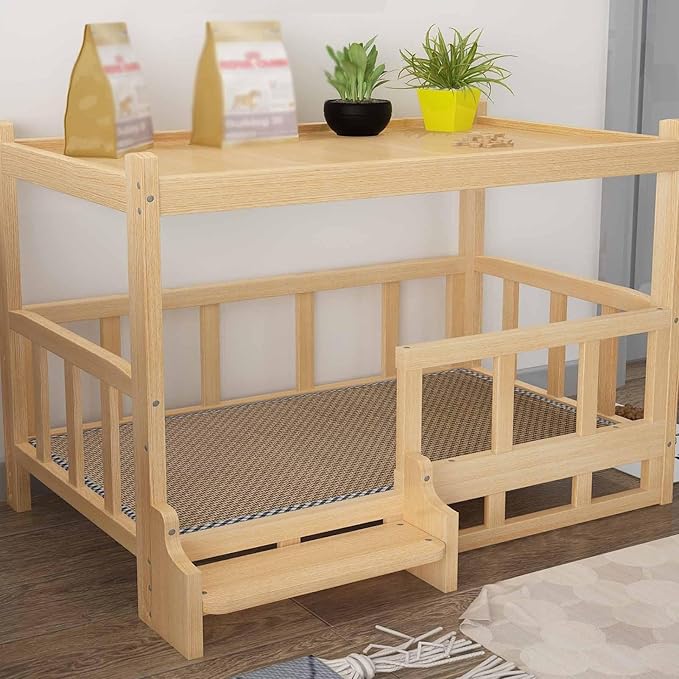 XPLKQXE Dog Bed Wood Platform, Elevated Pet Cushion Bed, Animal Couch with Mattress, Dog Beds & Furniture Rest Cot, Portable Fence Bed Pet Up to 45kg/100lbs(Color:Pink,Size:45x30x60cm)