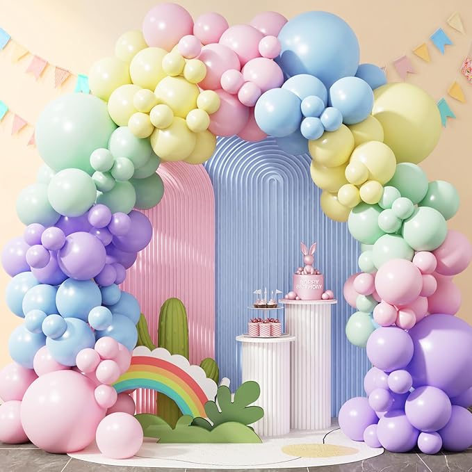 RUBFAC 129pcs Pastel Balloons Different Sizes 18 12 10 5 Inch, Macaron Rainbow Latex Balloon Arch Kit for Baby Shower Birthday Party Gender Reveal Garland Decoration