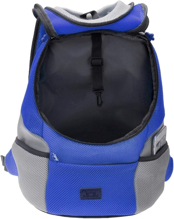 Mogoko Airline Approved Cat Dog Backpack, Puppy Pet Carrier Front Bag with Breathable Head Out Design and Double Mesh Padded Shoulder for Outdoor Travel Hiking (L, Blue)