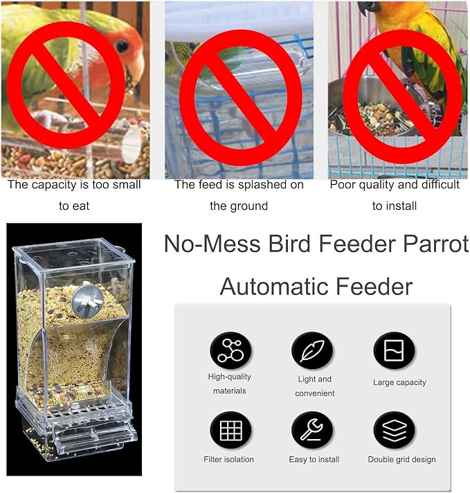 No Mess Bird Feeder,Bird Feeder for Cage,Automatic Acrylic Parakeet Feeder Cage Accessories for Small Birds Parrot Parakeets Canary Cockatiel Finch(Transparent)