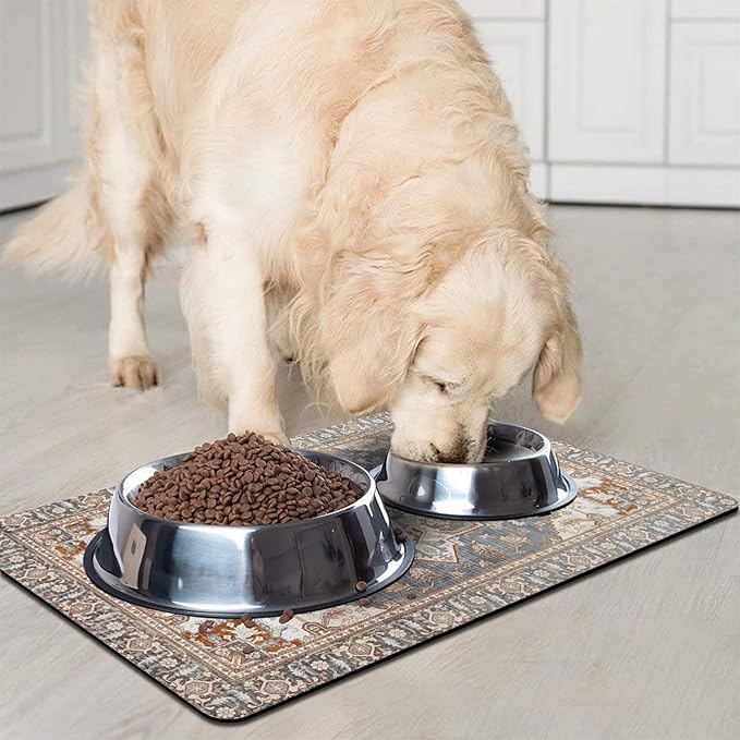 Dog Food Mats for Floors, Absorbent and Quick-Drying Pet Cat Food Mat,Anti-Fouling and Easy-to-Clean Pet Feeding Mat,Dog Bowl Mat for Messy Drinking Water Bowls.17 x27, Bohemia Style