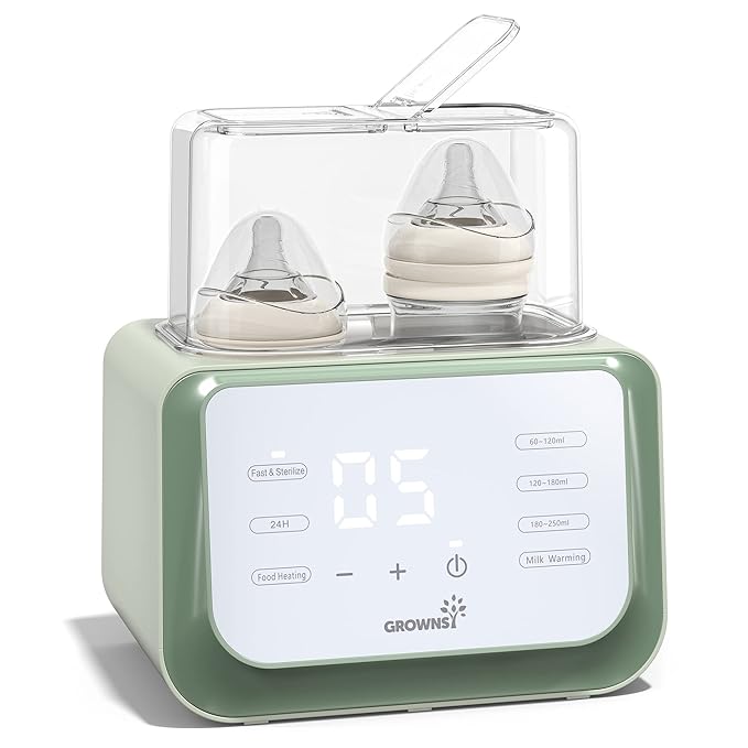 Baby Bottle Warmer, Grownsy 8-in-1 Fast Milk Warmer with Timer Breastmilk or Formula, Fits 2 Bottles, Accurate Temperature Control, with Defrost, Sterili-zing, Keep, Heat Baby Food Jars Function
