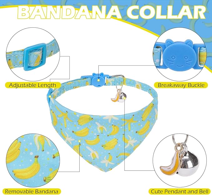 EXPAWLORER Cute Cat Collar Breakaway with Bells - 2 Pack Fruit Adjustable Pet Collar with Removable Bow Tie and Bandana, Safety Buckle for Girl Boy Cats Kitten, Banana