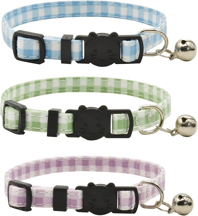 Breakaway Cat Collars with Bell, Set of 3, Durable & Safe Cute Kitten Collars Safety Adjustable Kitty Collar for Cat Puppy 7.5-11in (Plaid-2)