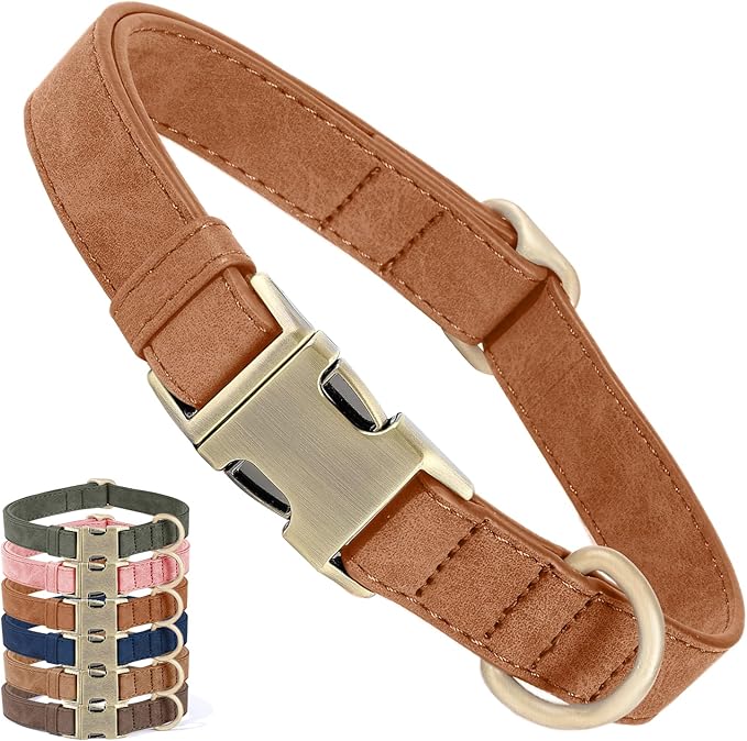 Genuine Leather Dog Collar - Adjustable Pet Collar with Quick Release Metal Buckle, Soft Skin Friendly Real Leather Collar for Small, Medium, Large Dogs (Khaki, L：Fit 15-23" Neck)