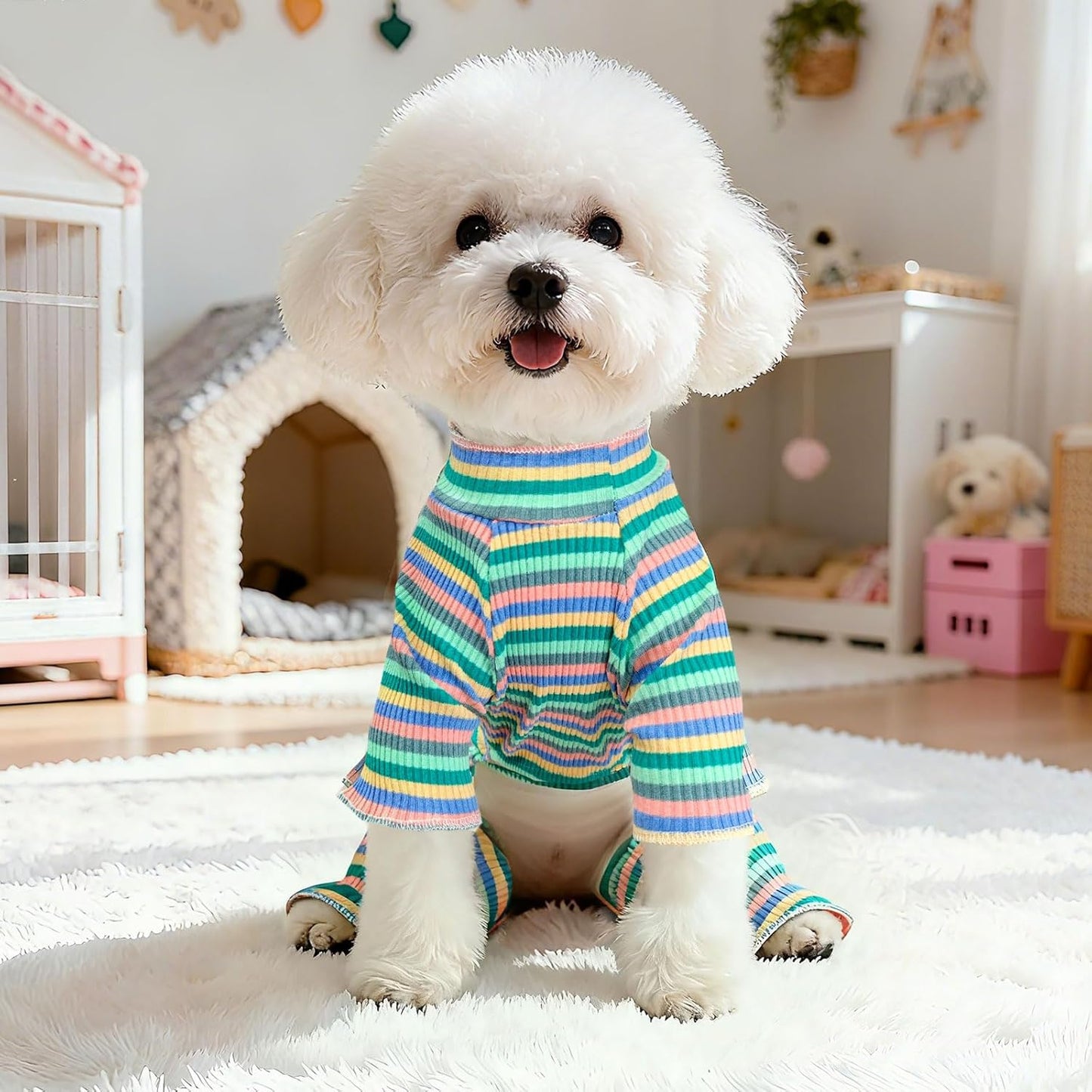 BAEJMJK Striped Dog Pajamas Stretchy Cute Four-Legged Boy Girl Dog Clothes with Sleeves Comfortable Dogs Jumpsuit Colorful Pet Puppy Outfits Apparel for Small Medium Dogs Cats(Green,XX-Large)