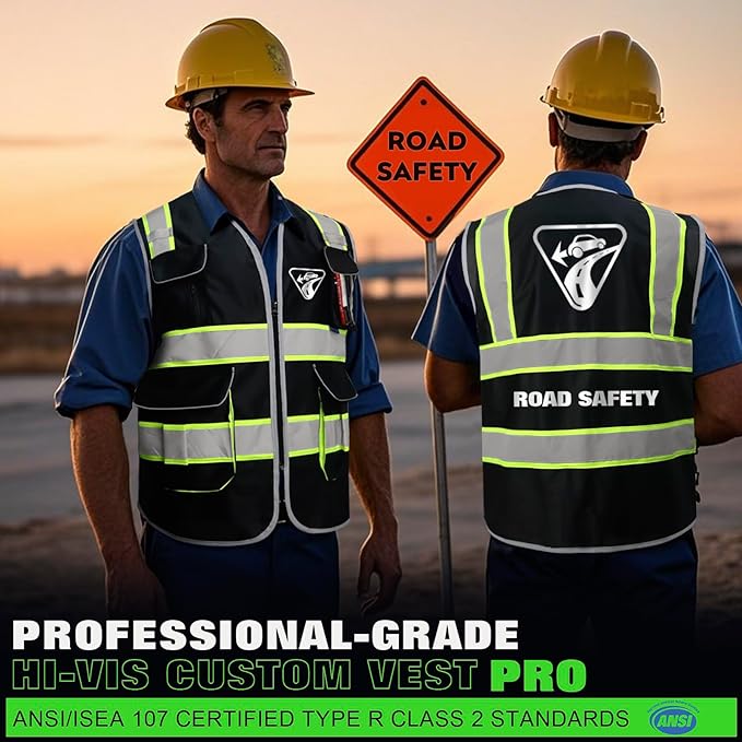BeautyWill ANSI Certified Custom Logo Safety Vest 8-Pockets Class2 High Visibility Reflective Vest for Men - Personalized Logo Heavy-Duty Work Vest（Black，M）