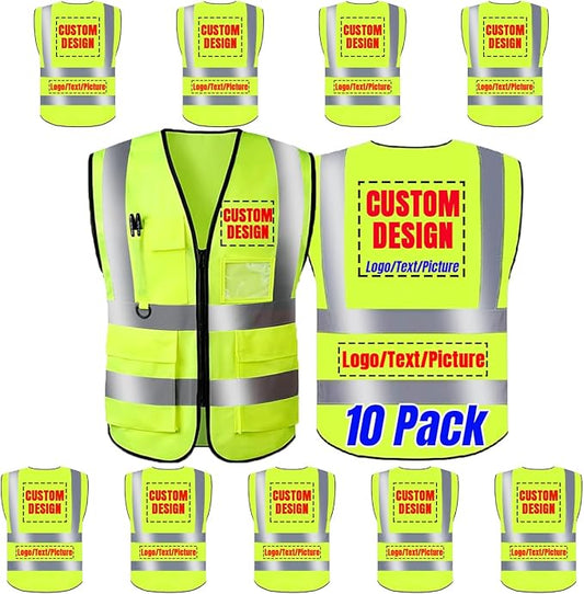 10 Pack Safety Vest Custom Logo Class2 High Visibility Reflective Vest with 5 Pockets Construction Security Work Vest ANSI/ISEA Standards（Yellow，4XL ）