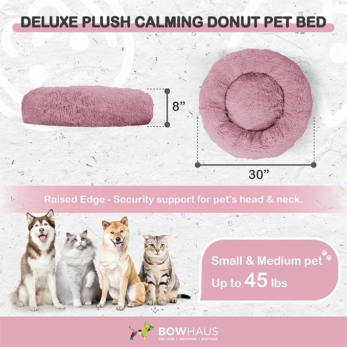 24/30 Inch Calming Donut Pet Bed for Small/Medium Cats and Dogs, Anti-Slip Bottom, Washable, Anti-Anxiety Fluffy Round Cat Bed, Indoor Shaggy Cuddler Cotton Candy Brown, Light Gray, Pink Bed