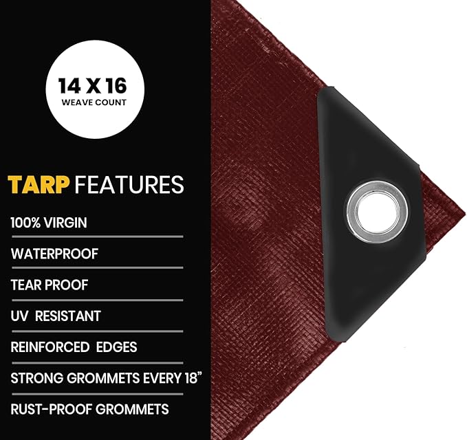 PROTARP Extra Heavy Duty 16 Mil Tarp Cover, Waterproof, UV Resistant, Rip and Tear Proof, Poly Tarpaulin with Reinforced Edges for Roof, Camping, Patio, Pool, Boat. (Maroon/Black 30′ X 60′)