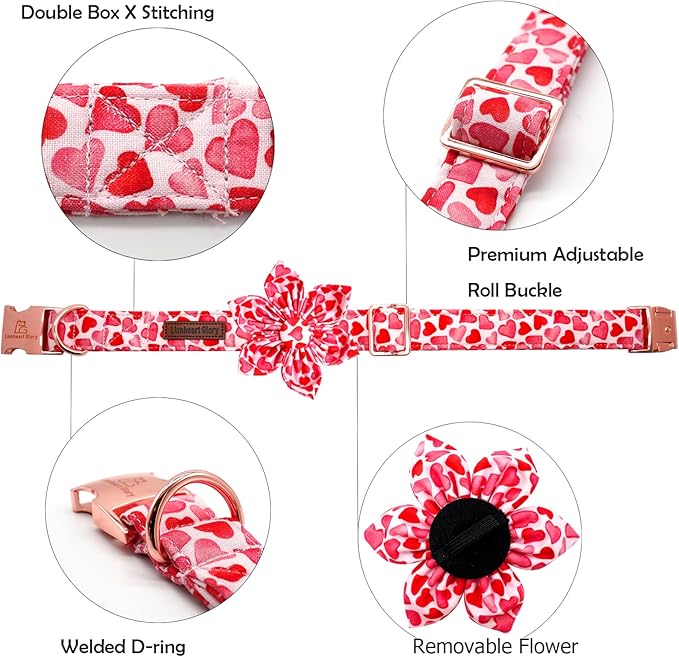 Lionheart glory Valentine's Day Dog Collar with Flower Dog Collars Red Hearts Dogs Collar with Bowtie for Small Dogs Spring Puppy Pet Collars Bows