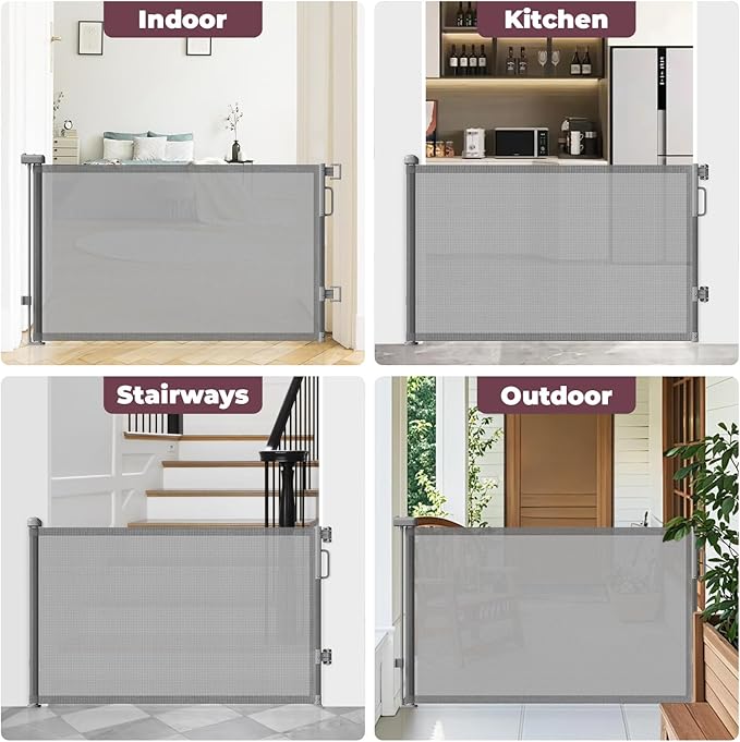 Retractable Baby Gate for Stairs, 55" Wide Mesh Dog Gate Indoor, 34" Tall Child Gate for Doorways, Hallways, Deck, Indoor Outdoor Pet Baby Safety Essentials for Home, Grey