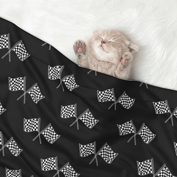 Double Sided Plush Pet Blanket for Small Large Animals, Checkered Racing Flag Black and White, Reversible Throw with Dimpled Dot Side and Flat Side for Kennels Living Rooms