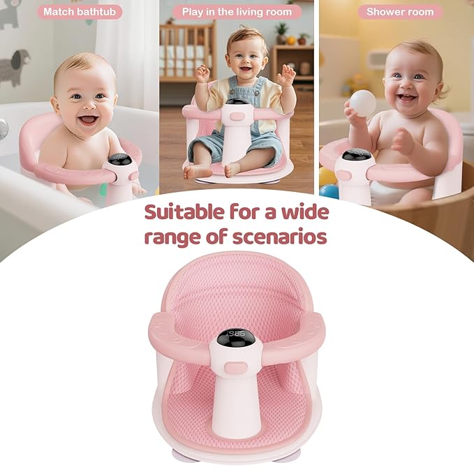 Baby Bath Seat-for Babies 6 Months & up, Water Temperature Display+Soft Cushion, Non-Slip Toddler Bath Seat for Baby, Sit Up Bath Seat for Baby, Pink